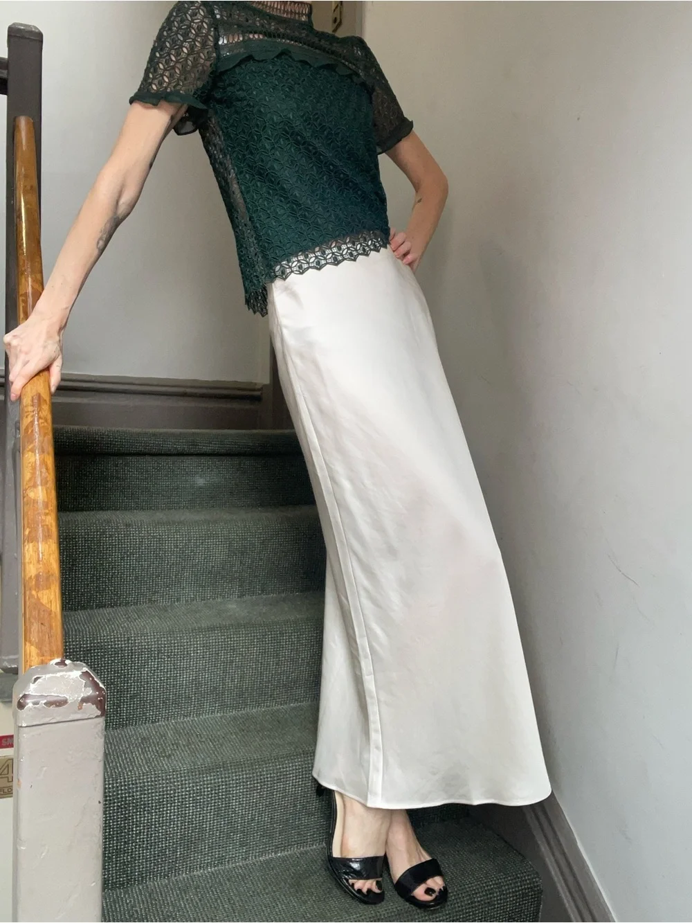 +Video New. Cream Satin Maxi Slip Skirt